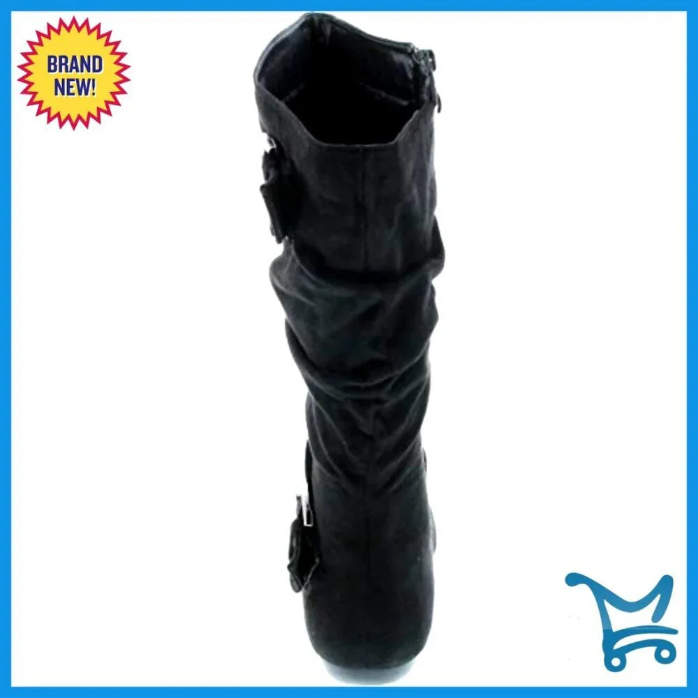Slouch Mid-Calf Boots with Buckle Closure, Slip-On Zip, Non-Skid Sole